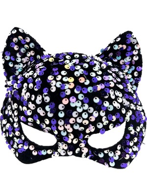 Markport Siyah Kadife Kumaş Üzerine Mor Beyaz Payetli Pullu Parti Maskesi 16x14 Cm