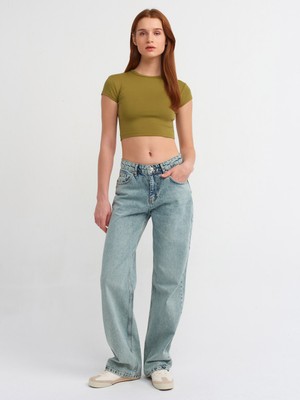 Dilvin 30936 Vücuda Oturan Crop Top-Haki