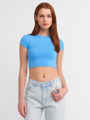 Dilvin 30936 Vücuda Oturan Crop Top-Mavi