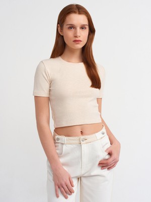 Dilvin 30995 Crop T-Shirt-Bej Melanj