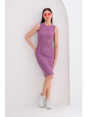 Kallima Mürdüm Mor Vücuda Oturan Kolsuz Diz Altı Fitilli Esnek Kalın Askılı Kaşkorse Elbise