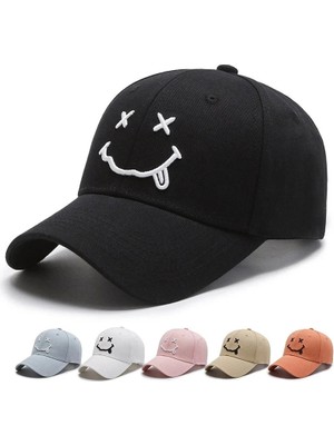 Liangduo Shop Bir Stil Kadın Gülümseme Yüz Nakış Beyzbol Kapaklar Kpop Siyah Pamuk Ayarlanabilir Snapback Komik Hip Hop Şapka Sonbahar Güneş Baba Şapkaları Mens Için (Yurt Dışından)