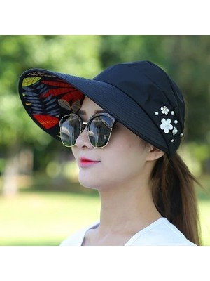 Liangduo Shop Siyah Stil Açık Katlanabilir Güneş Koruyucu Kapaklar Kadın Bayan Sunhat Plaj Şapka Uv Koruma Anti-Uv Rahat Saçakları (Yurt Dışından)