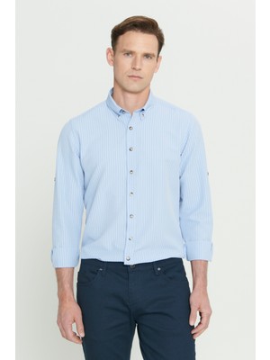 Altınyıldız Classics Erkek Lacivert Kırışmayan Oxford Gofre Desenli Slim Fit Dar Kesim Düğmeli Yaka Esnek Gömlek