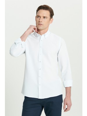 Altınyıldız Classics Erkek Beyaz Kırışmayan Teknik Oxford Gofre Desenli Slim Fit Dar Kesim Düğmeli Yaka Esnek Gömlek
