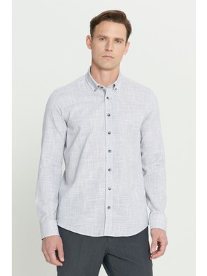 Altınyıldız Classics Erkek Antrasit Slim Fit Dar Kesim Düğmeli Yaka Keten Görünümlü %100 Pamuk Flamlı Gömlek