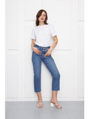 Bpf Mavi Mom Paça Kesik Düz Jeans