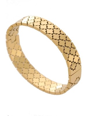 Demokan Kadın Kelepçe Bileklik Yonca Dokuma Kesim Kararmaz Çelik Bileklik