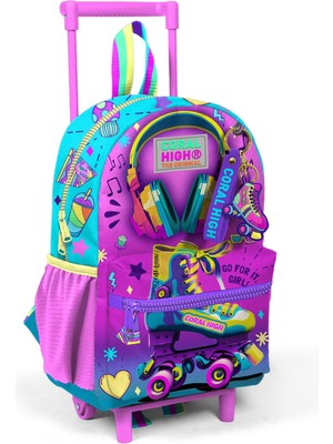 Coral High Minik Yuva Çekçekli Sırt Çantası Pembe Turkuaz Kulaklık Paten Desenli Iki Bölmeli 24054