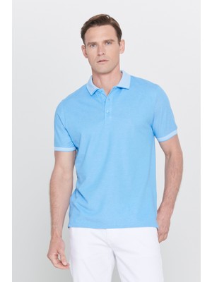 AC&Co / Altınyıldız Classics Erkek Çekmeyen Pamuklu Kumaş Slim Fit Dar Kesim Mavi Kıvrılmaz Polo Yaka Tişört