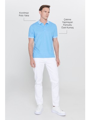 AC&Co / Altınyıldız Classics Erkek Çekmeyen Pamuklu Kumaş Slim Fit Dar Kesim Mavi Kıvrılmaz Polo Yaka Tişört