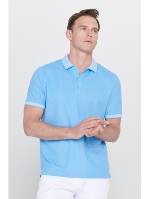 AC&Co / Altınyıldız Classics Erkek Çekmeyen Pamuklu Kumaş Slim Fit Dar Kesim Mavi Kıvrılmaz Polo Yaka Tişört