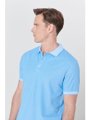 AC&Co / Altınyıldız Classics Erkek Çekmeyen Pamuklu Kumaş Slim Fit Dar Kesim Mavi Kıvrılmaz Polo Yaka Tişört