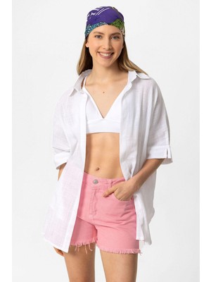 Deriderim Beyaz Şile Bezi Düğmesiz Kısa Kollu Gömlek Yaka Yazlık Pamuklu Gömlek Pareo