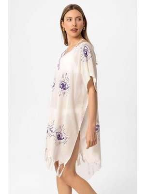 Deriderim Krem Şile Bezi Kısa Kollu Püsküllü Göz Desenli Yazlık Astarsız Plaj Pamuklu Elbise