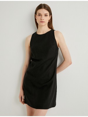 Koton Mini Keten Elbise Sırtı Pencere Detaylı Bisiklet Yaka