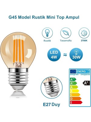 Coral Light 4 Watt Mini Top Ampul LED Filament G45 Bal Cam Rustik Ampul E27 Duy 1800K Amber Renk Işık 10 Adet