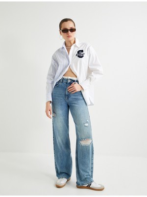 Koton Geniş Paça Kot Pantolon Standart Bel Yıpratılmış Detaylı Cepli - Bianca Wide Leg Jeans