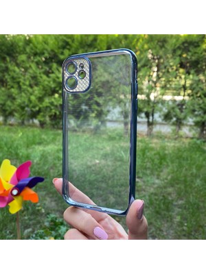 Bumudur Aksesuar iPhone 11 Mavi Çerceveli Elmas Görünümlü Silikon Kılıf