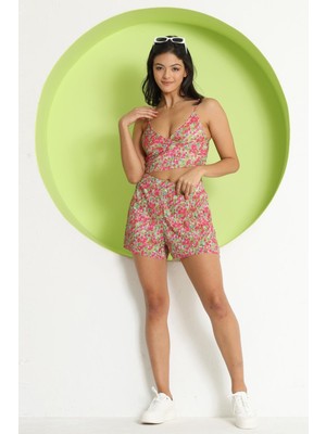 Polo State Kadın Piliseli Çiçek Desenli Crop Etek Alt Üst Takım Pembe