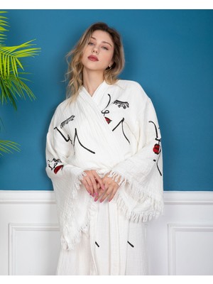 Krizantem Kimono / Kaftan / Bornoz Kadın Yüz Dudak Desen Baskılı