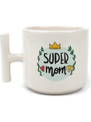 Mor Mürekkep Super Mom Yazı Baskılı Beyaz Kulplu T Kupa