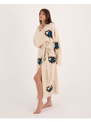 Krizantem Kimono /Kaftan /Bornoz Ham Kumaş Göz Iç Mavi Desenli