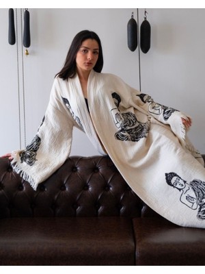 Krizantem Kimono /Kaftan /Bornoz Ham Kumaş Siyah Buda Desenli