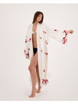 Krizantem  Kimono /Kaftan /Bornoz   Beyaz Kumaş Kalp Desenli