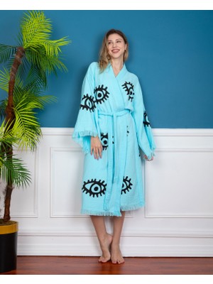 Krizantem Kimono /Kaftan /Bornoz  Turkuaz Kumaş Göz Desenli