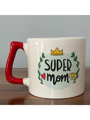 Mor Mürekkep Super Mom Yazı Baskılı Kırmızı Kulplu D Kupa