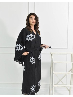 Krizantem Kimono / Kaftan / Bornoz Siyah Kumaş Büyük Göz  Desen Baskılı %100 Pamuk Handmade el baskısı