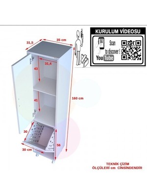 Almital Mobilya Aksesuarlari Modilayn Alaçatı 35X160 cm Çamaşır Sepetli Dolap, Banyo Düzenleyici Detarjan Temizlik Havlu Dolabı