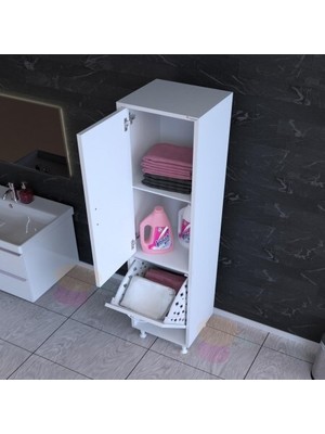 Almital Mobilya Aksesuarlari Modilayn Alaçatı 35X160 cm Çamaşır Sepetli Dolap, Banyo Düzenleyici Detarjan Temizlik Havlu Dolabı