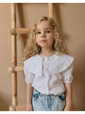 BAV Butik Ayvitrin Kız Çocuk Kısa Kollu Tasarım Yaka Gömlek Beyaz