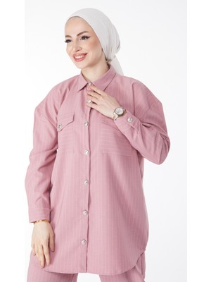 Tofisa Düz Gömlek Yaka Kadın Pembe Çizgili Tunik + Pantolon  - 25053