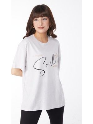 Tofisa Düz Bisiklet Yaka Kadın Gri Baskılı T-Shirt - 25167