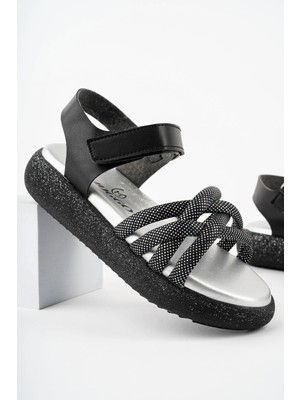 Prego (Arzen Sandalet) Poli Hafif Taban Örgü Desenli Cırtlı Çocuk Sandalet Siyah