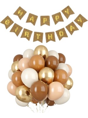 Parti Furyası Kraft  karton Üzeri Gold Altın Yaldızlı Happy Birthday Yazılı Doğum Günü Partisi Yazı Banner Süs ve 10 Adet (Bej,ten,kahverengi)Balon, 5 Adet Gold Kro