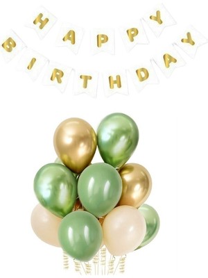Parti Furyası Beyaz  Karton Üzeri Gold Altın Happy Birthday Yazılı Doğum Günü Partisi Yazı Banner Süs ve 10 Adet (Beyaz ve Küf Yeşili)Balon, 5 Adet (Gold ve Yeşil) 