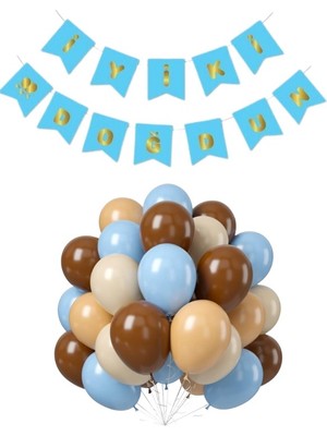 Parti Furyası Mavi  karton Üzeri Gold Altın Yaldızlı Iyiki Doğdun Yazılı Doğum Günü Partisi Yazı Banner Süs ve 20 Adet (Mavi,bej,ten,kahverengi) Süsleme Seti