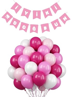 Parti Furyası Pembe Karton Üzeri Gümüş Gri Yaldızlı Iyiki Doğdun yazılı Doğum Günü Partisi Yazı Banner Süs ve 20 Adet (Beyaz,pembe,fuşya) Balon Süsleme Seti