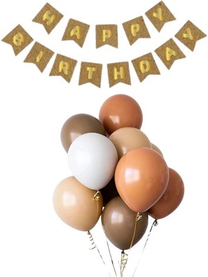 Parti Furyası Kraft Karton Üzeri Gold Altın yaldızlı Happy Birthday Yazılı Doğum Günü Partisi Yazı Banner Süs ve 20 Adet (Ten,bej ,karamel ve Kahverengi) Balon Süsl