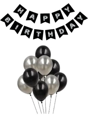 Parti Furyası Siyah Karton Üzeri Gümüş Gri  Yaldızlı Happy Birthday Yazılı Doğum Günü Partisi Yazı Banner Süs ve 20 Adet (Siyah ve Gümüş) Balon Süsleme Seti