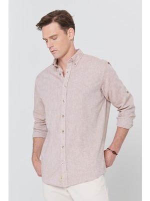 Altınyıldız Classics Erkek Camel Comfort Fit Rahat Kesim Düğmeli Yaka Casual Keten Gömlek