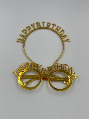 Kidspartim Plastik Happy Bırthday Taç Gözlük Gold 2 Li Set