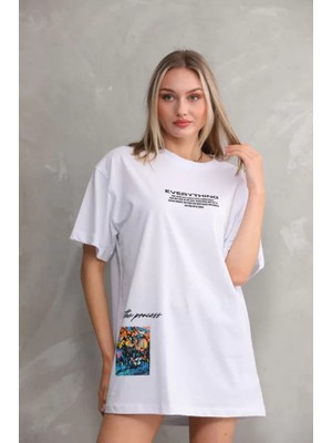 Alinn Butikk Unisex Bisiklet Yaka Baskılı Oversize T-Shirt - Beyaz