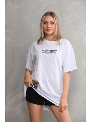 Alinn Butikk Unisex Bisiklet Yaka Baskılı Oversize T-Shirt - Beyaz