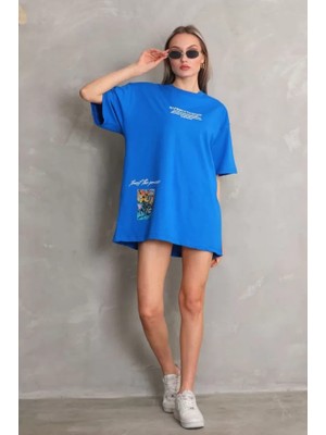 Alinn Butikk Unisex Bisiklet Yaka Baskılı Oversize T-Shirt - Mavi