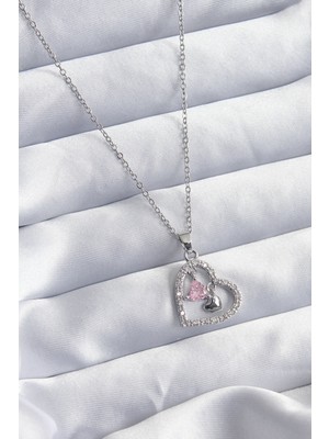 316L Çelik Gümüş Renk Zincir Zirkon Taşlı Kalp Model Kadın Kolye